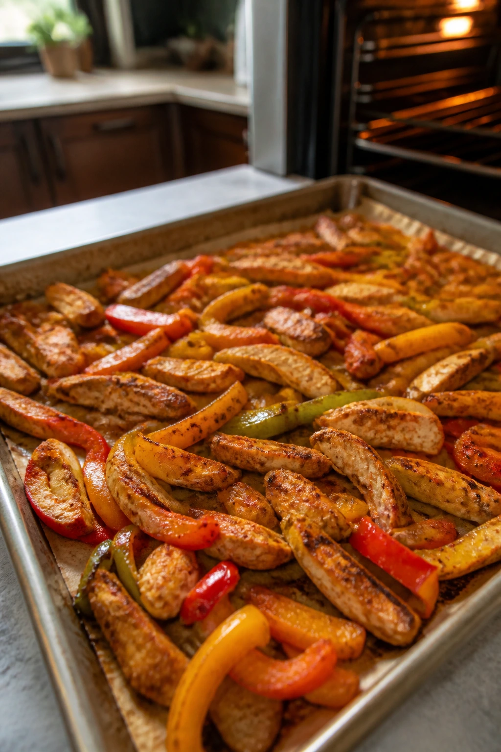Sizzling chicken and peppers on a parchment-lined sheet pan in a cozy kitchen.
