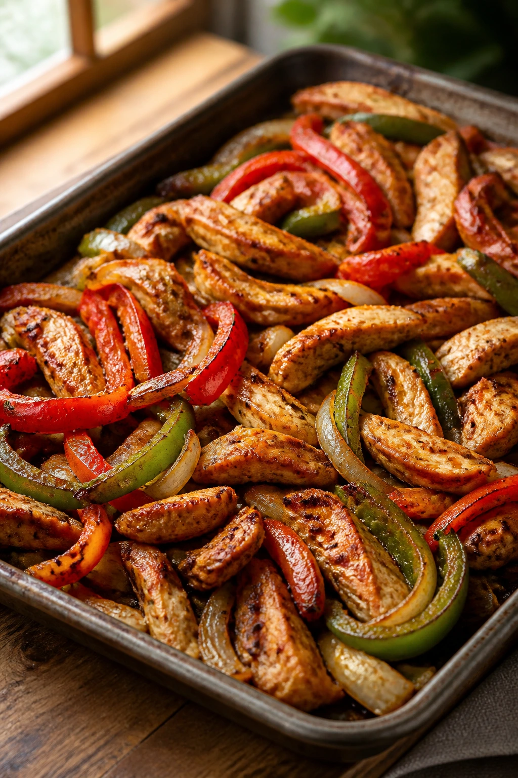 Close-up of sheet pan chicken fajitas with peppers and onions.