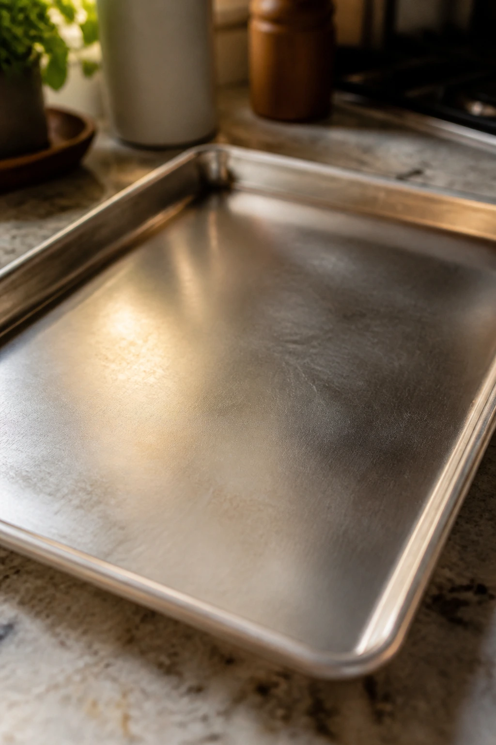Rimmed sheet pan on a kitchen counter