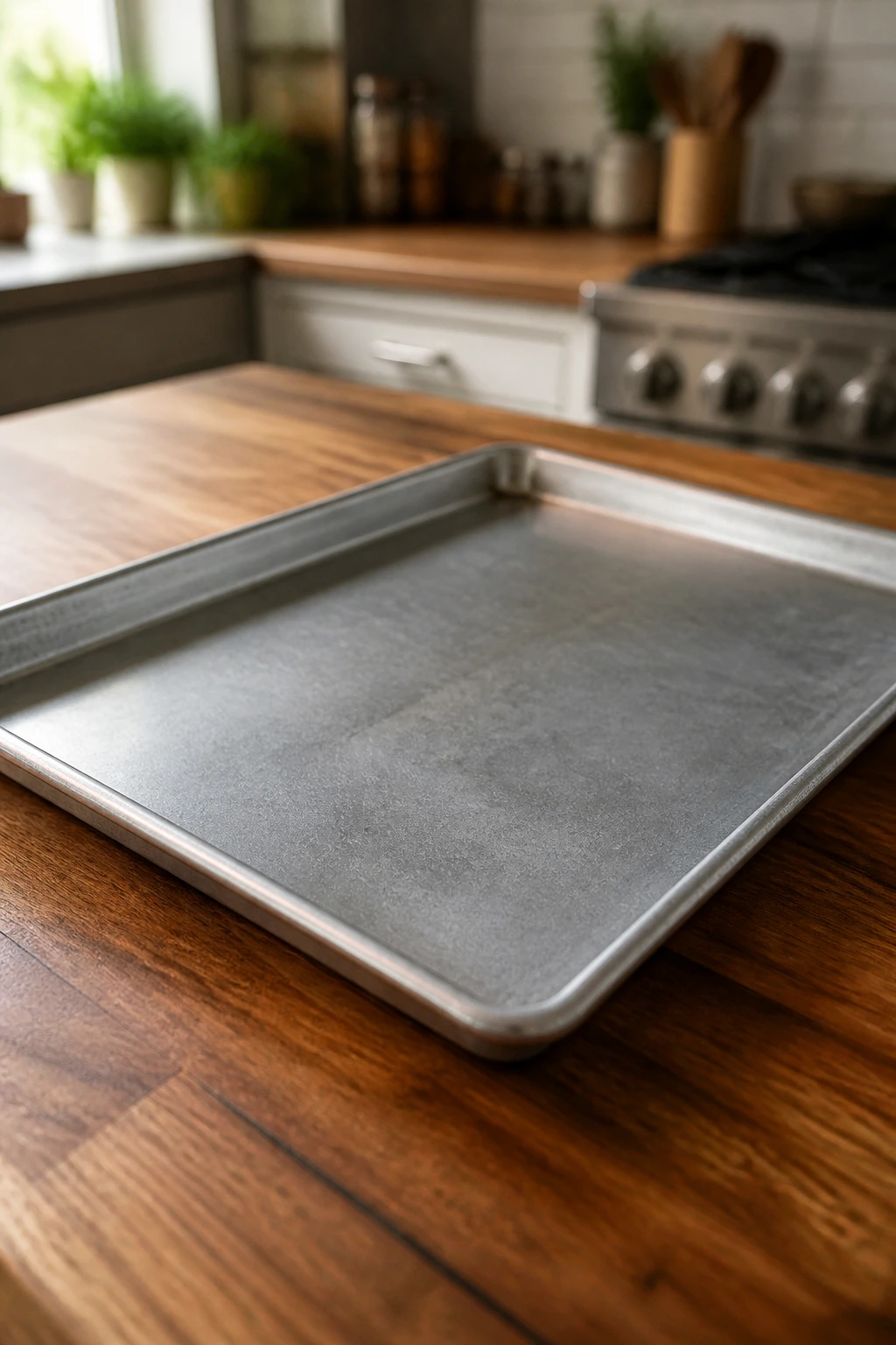 Close-up of a rimmed sheet pan on a kitchen counter.
