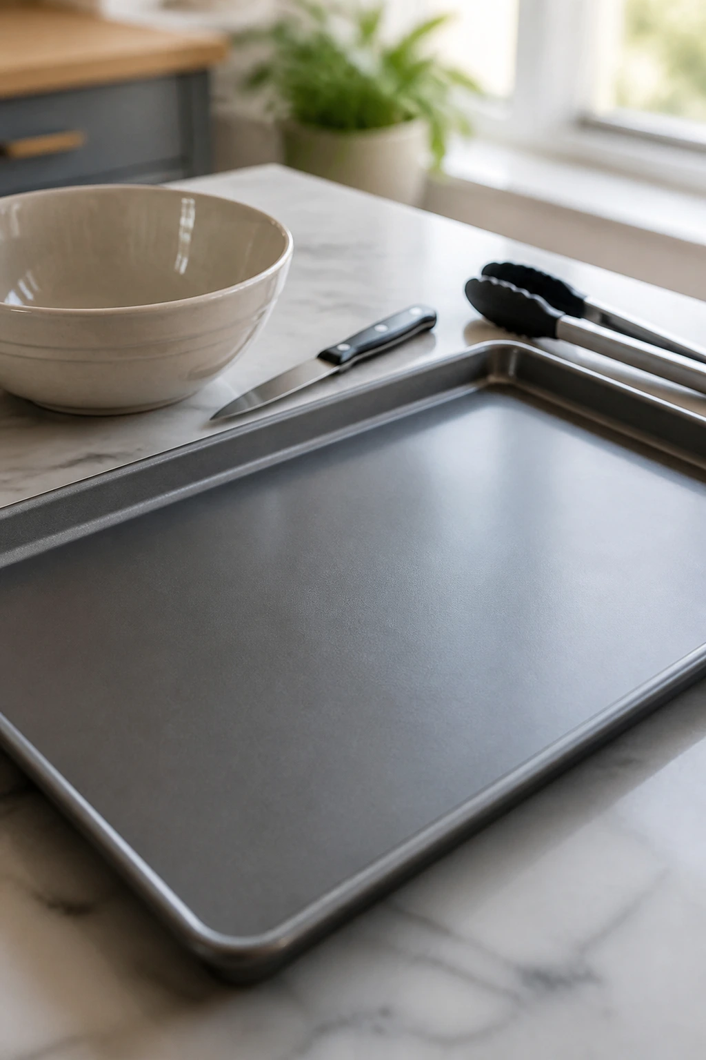 Close-up of a large rimmed sheet pan as essential cooking equipment