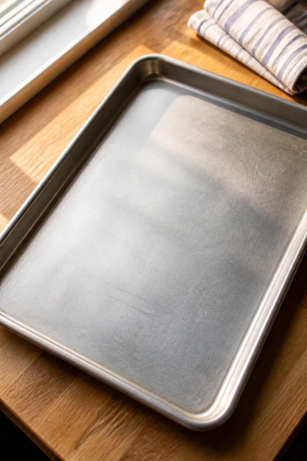 Close-up of a large sheet pan filling the frame in a home kitchen