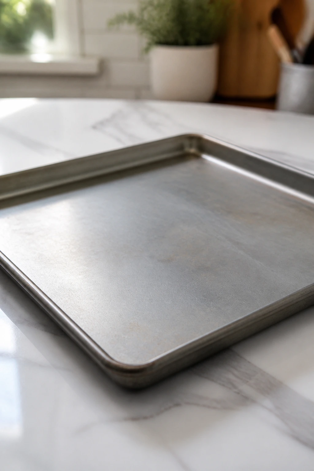 Rimmed sheet pan on a kitchen counter