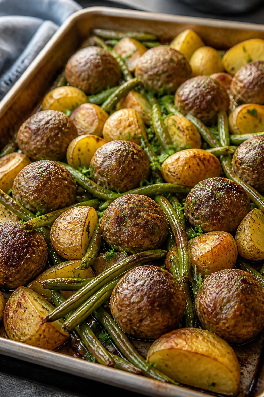 Sheet pan with meatballs, potatoes, and green beans roasting