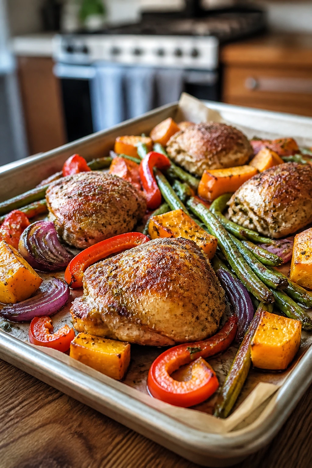 Close-up of a sheet pan with browning chicken and vegetables in a kitchen