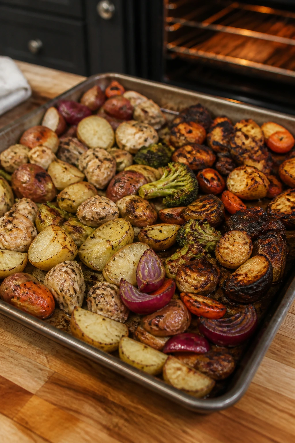 Close-up of a crowded sheet pan showing uneven sizes and charring to illustrate common mistakes.
