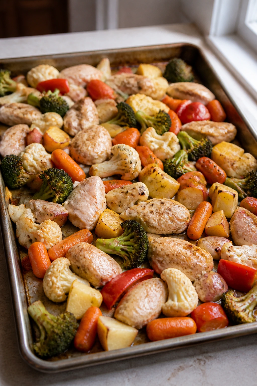 Close-up of a crowded sheet pan with unevenly cut vegetables and pale chicken, illustrating overcrowding and poor browning.