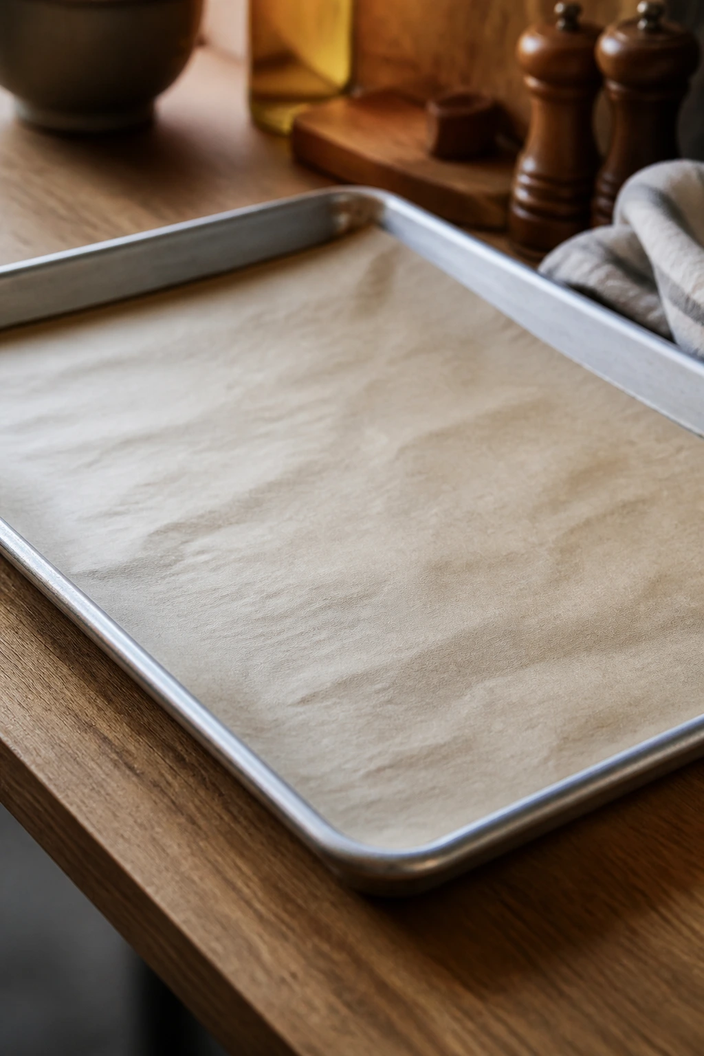 Close-up of a rimmed half-sheet pan lined with parchment on a wooden counter