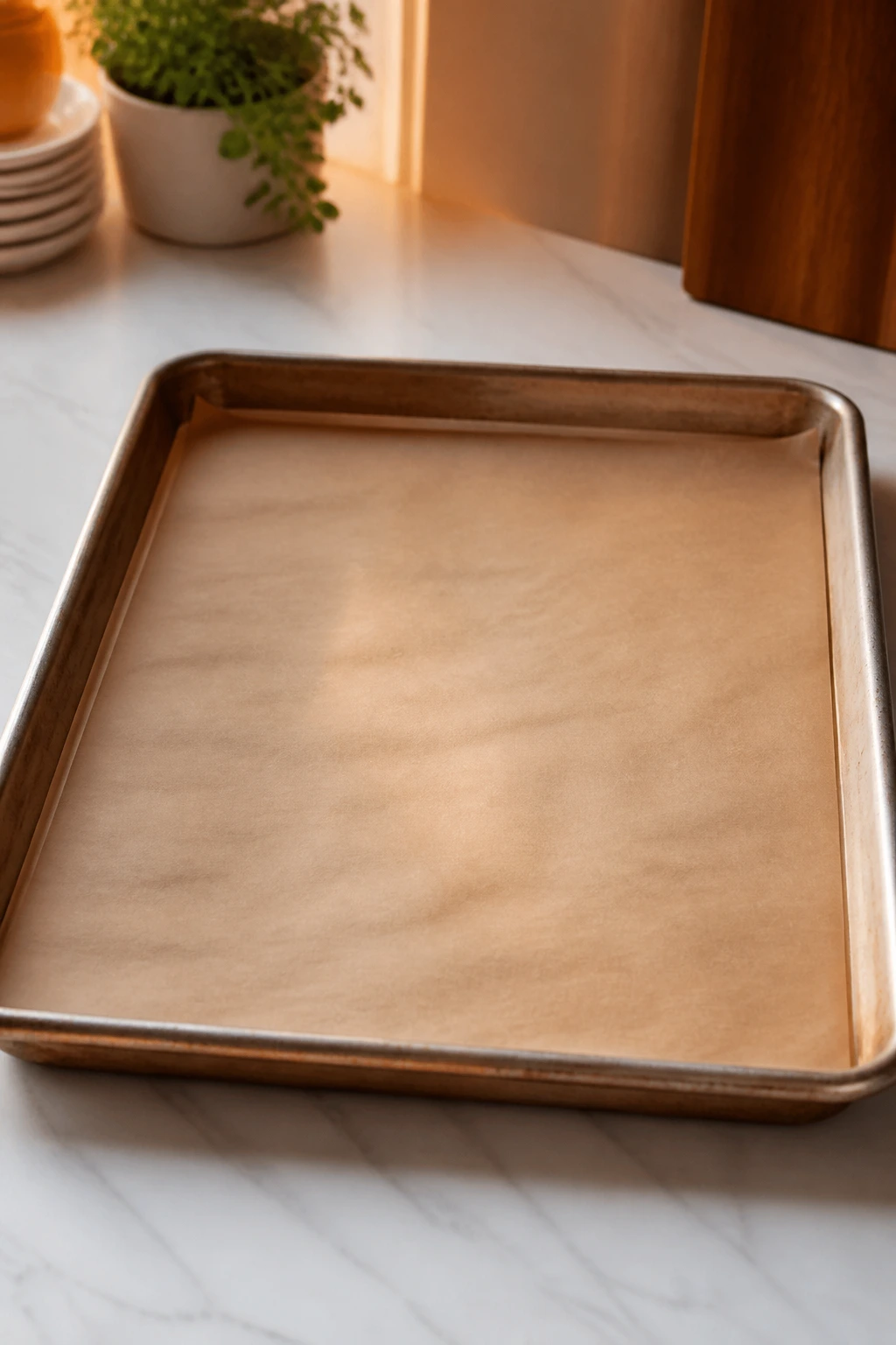 Large rimmed half-sheet pan on a kitchen counter with parchment liner