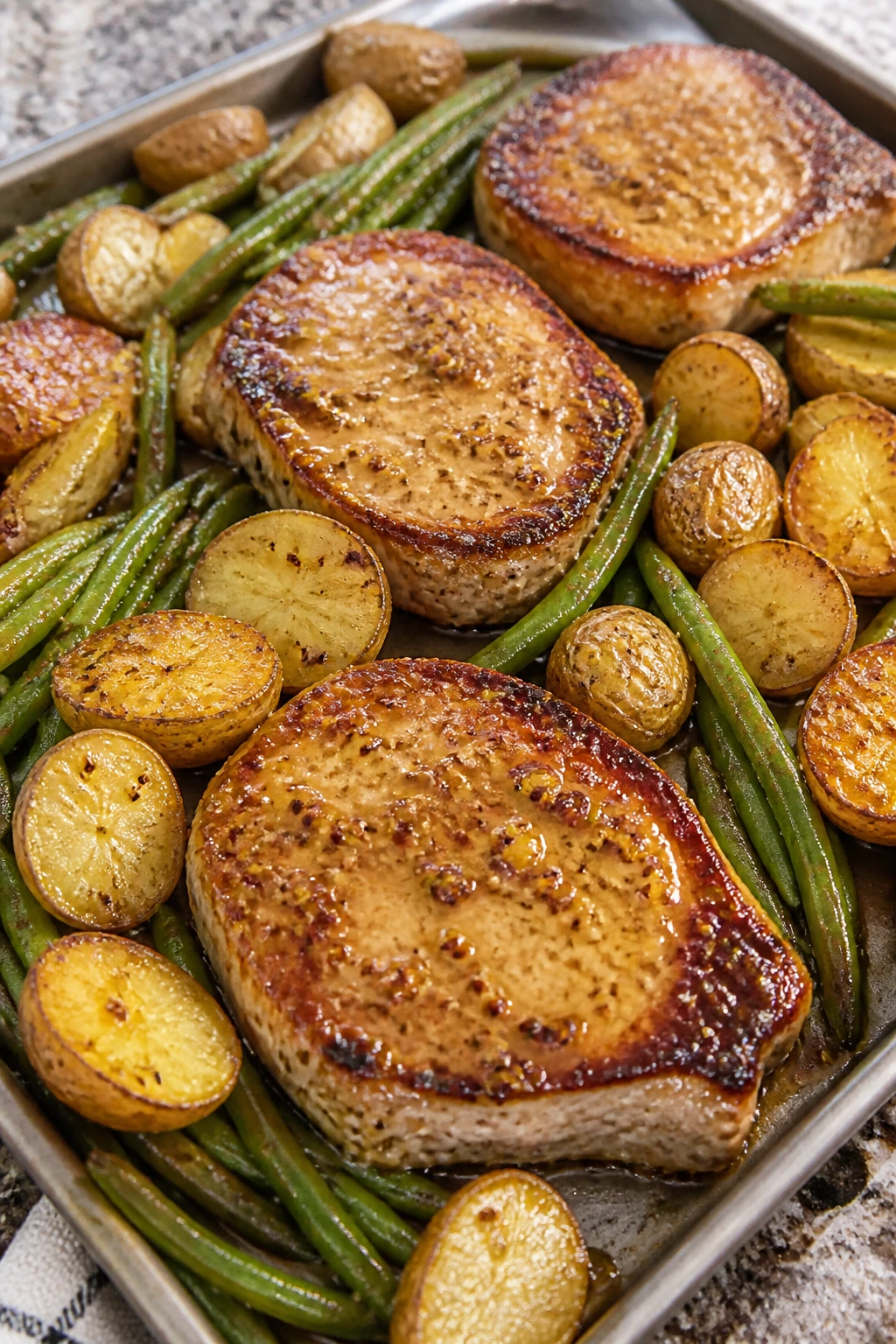 Sheet-pan pork chops with potatoes and green beans in glaze
