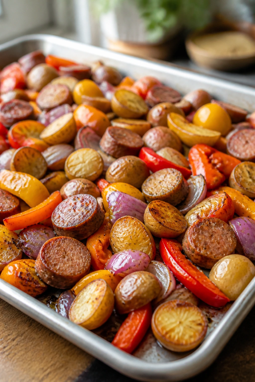 Sheet pan dinner with potatoes, peppers, onions and sausage on a pan