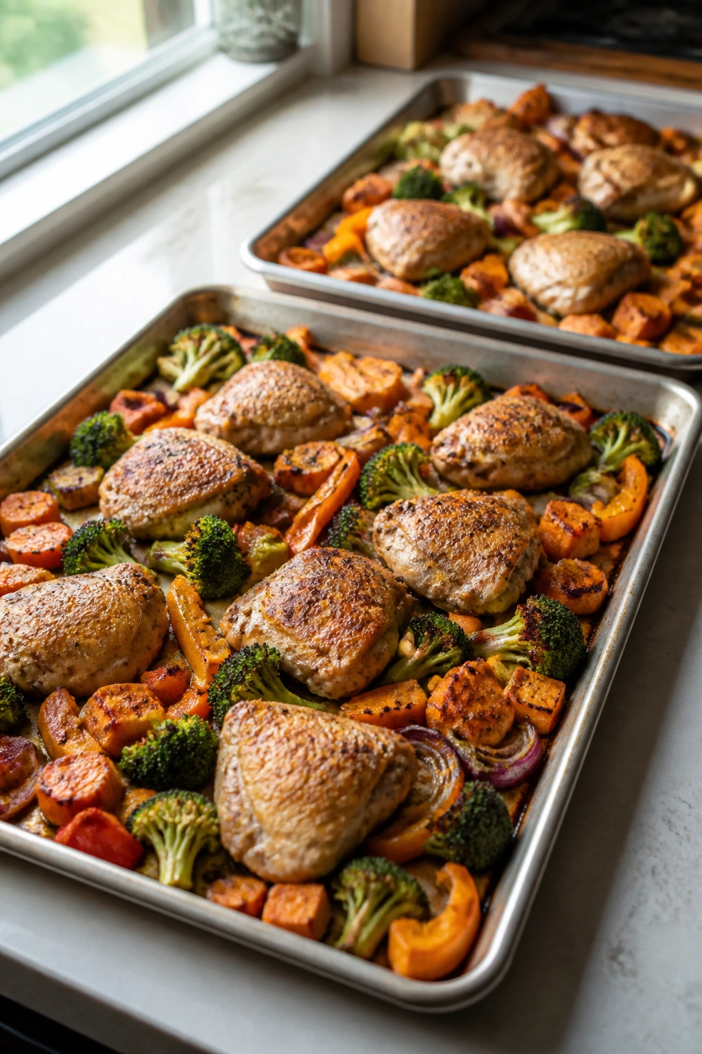 Two sheet pans with evenly browned chicken and vegetables on a kitchen counter