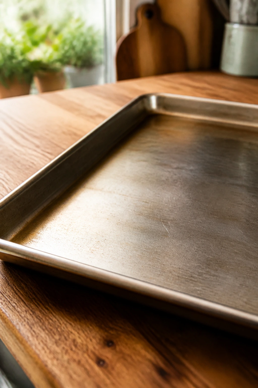 Close-up of a large rimmed sheet pan with roasted surfaces in a kitchen