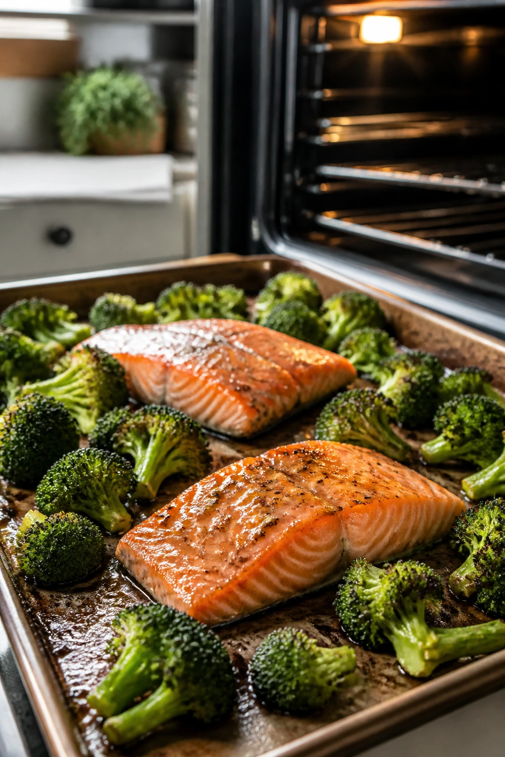 Sheet pan with salmon and broccoli ready to roast