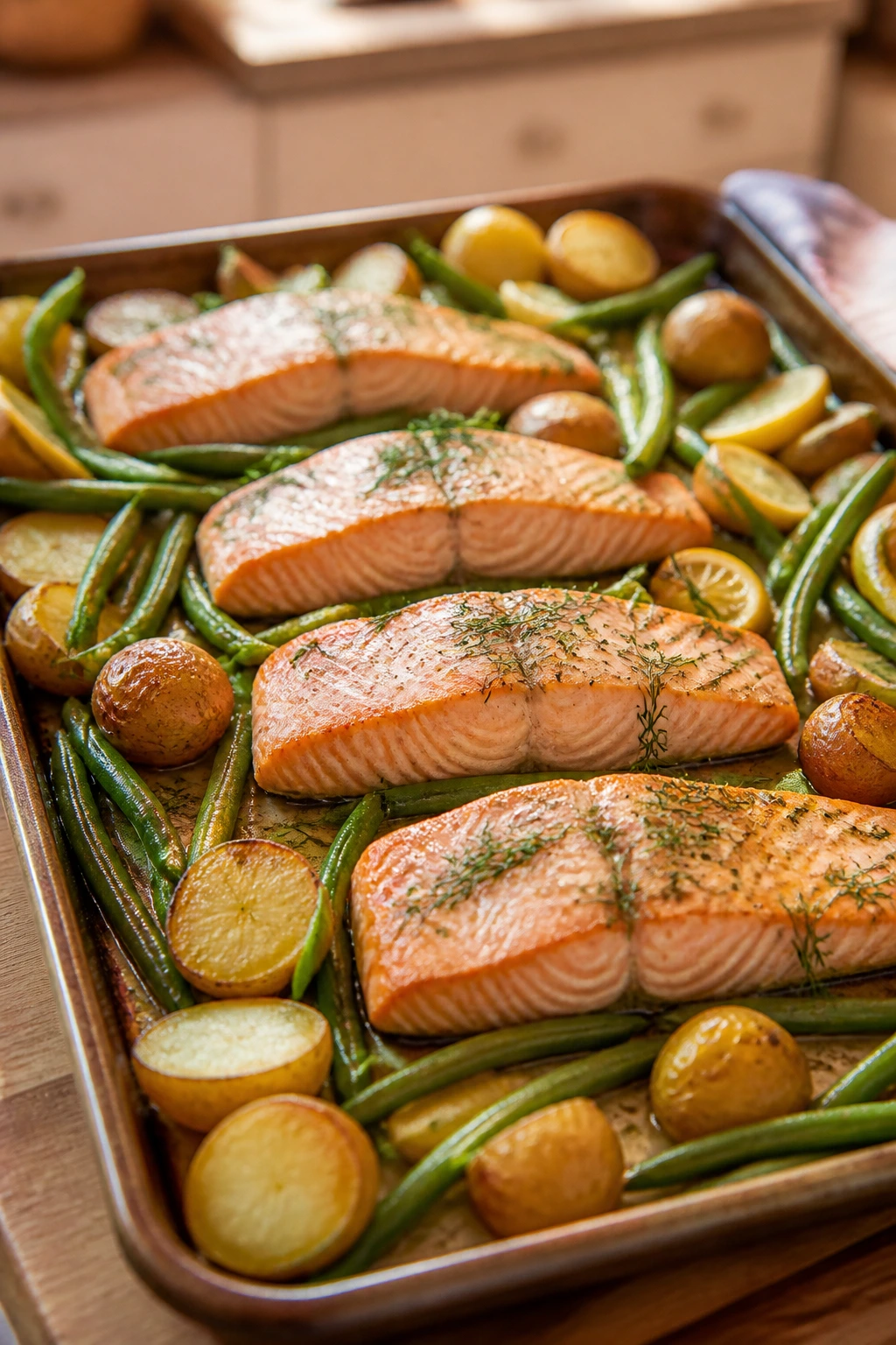 Close-up of sheet-pan salmon with potatoes and green beans