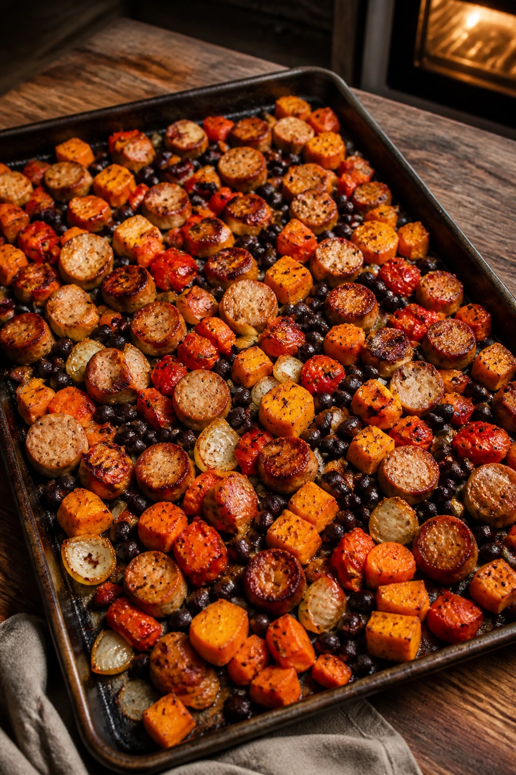 Close-up of a sheet pan with roasted sausage, sweet potatoes, carrots, onions, pepper, and black beans.
