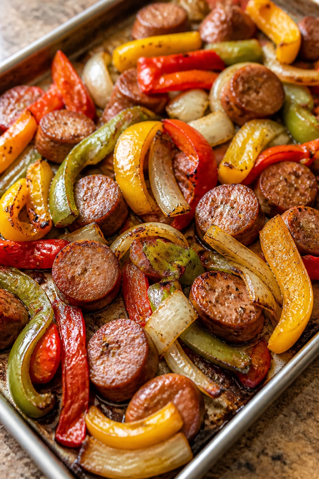 Close-up of sausage with peppers and onions on a sheet pan