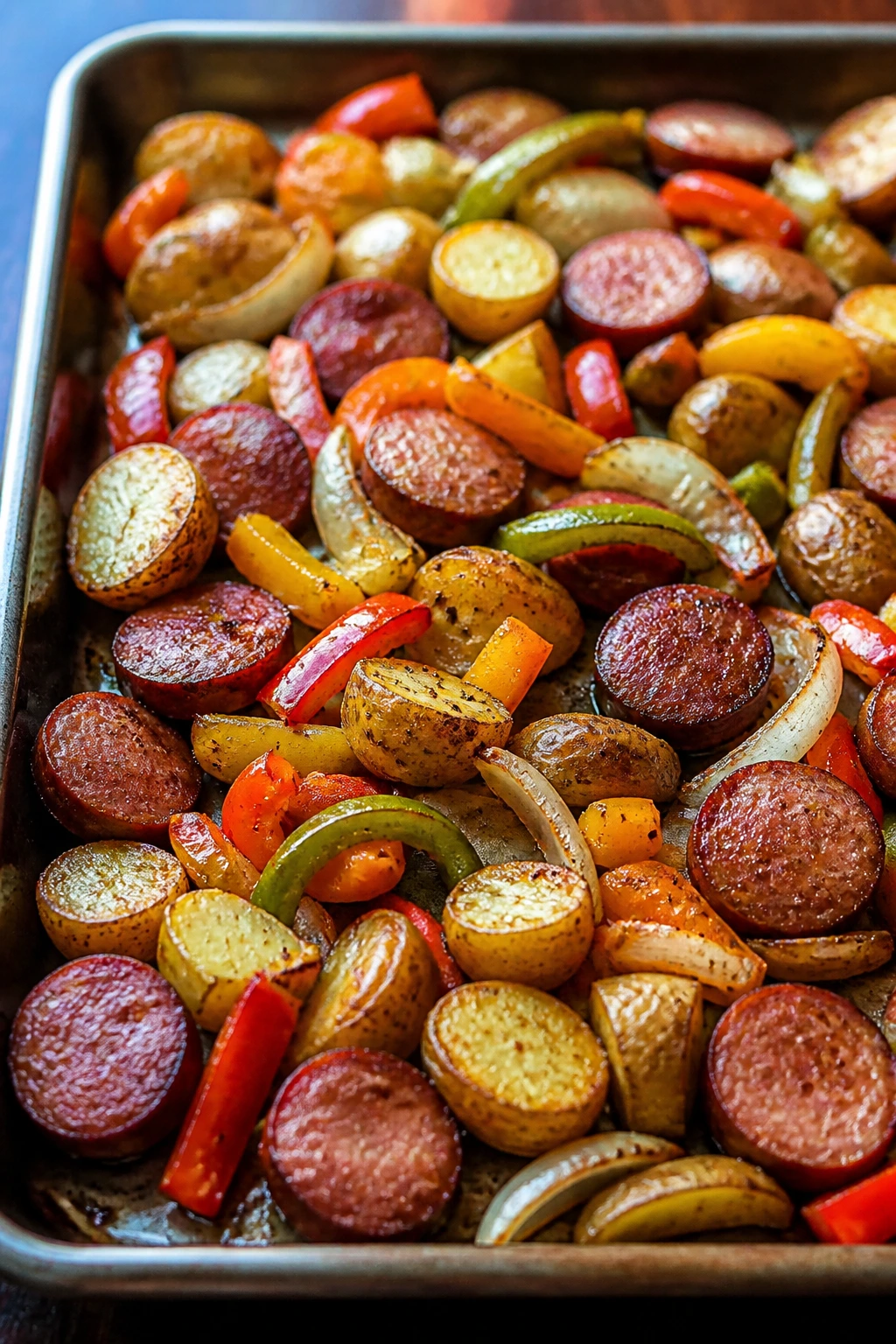Roasted sheet-pan sausage peppers and potatoes in a home kitchen