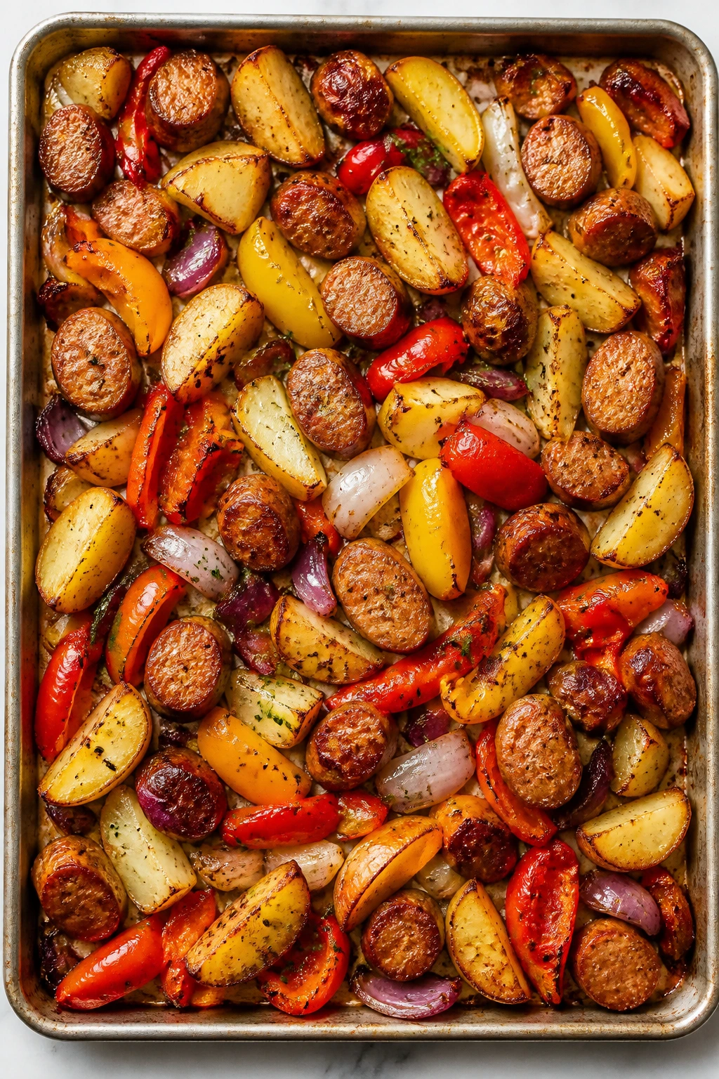 Sheet-pan sausage peppers and potatoes on a sheet pan in a bright kitchen