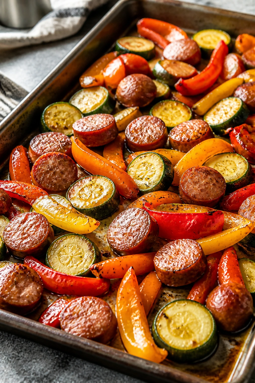 Close-up sheet-pan with sausage, peppers, and zucchini