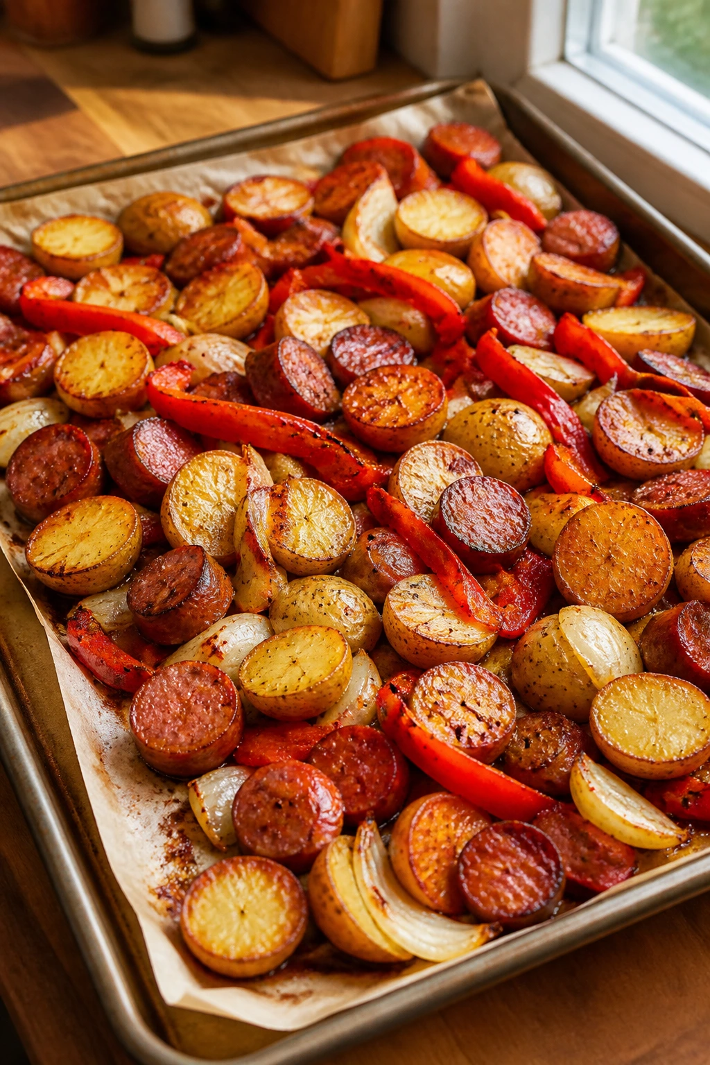 Close-up of sheet-pan roasted sausage, potatoes, and peppers in a warm kitchen.