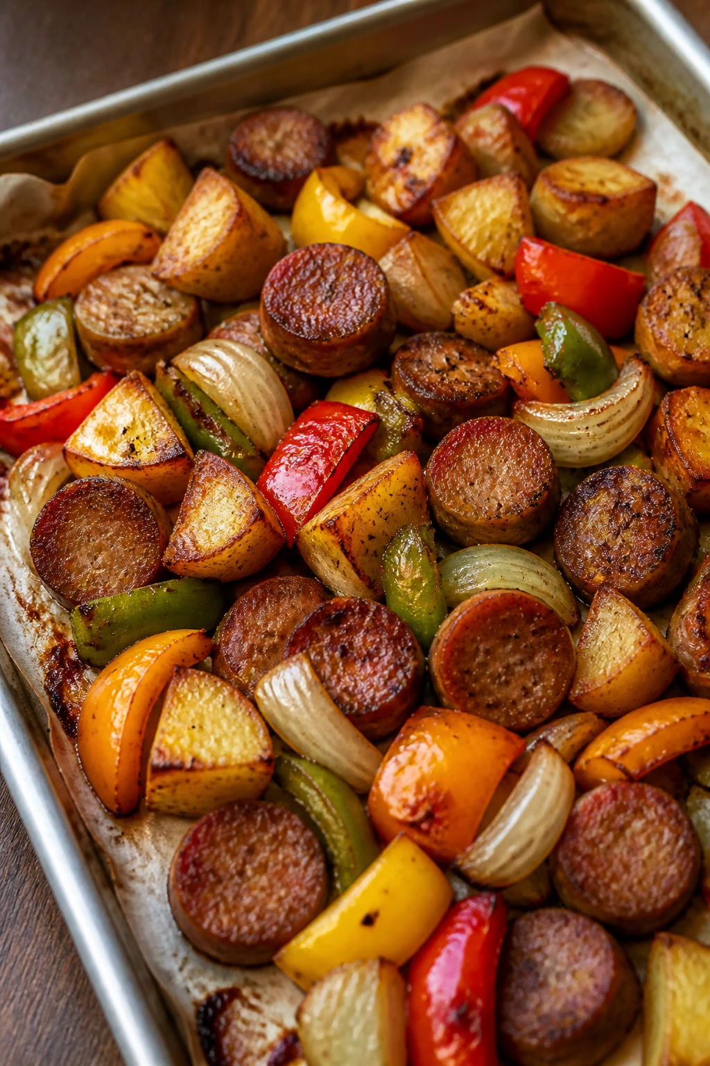 Sheet-pan dinner with sausage, potatoes, peppers, and onions in a single layer