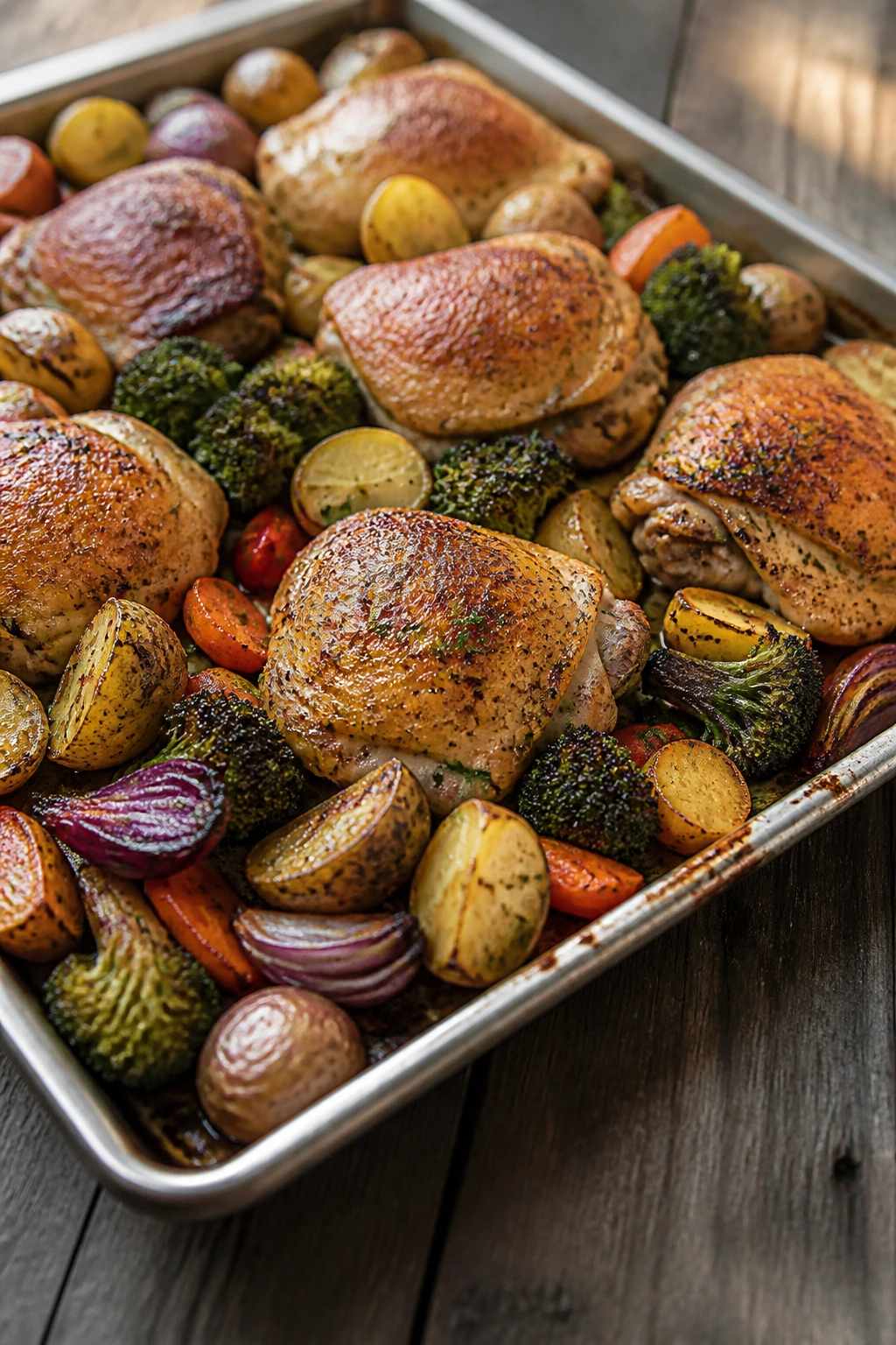 Close-up of a roasted sheet pan dinner ready to serve