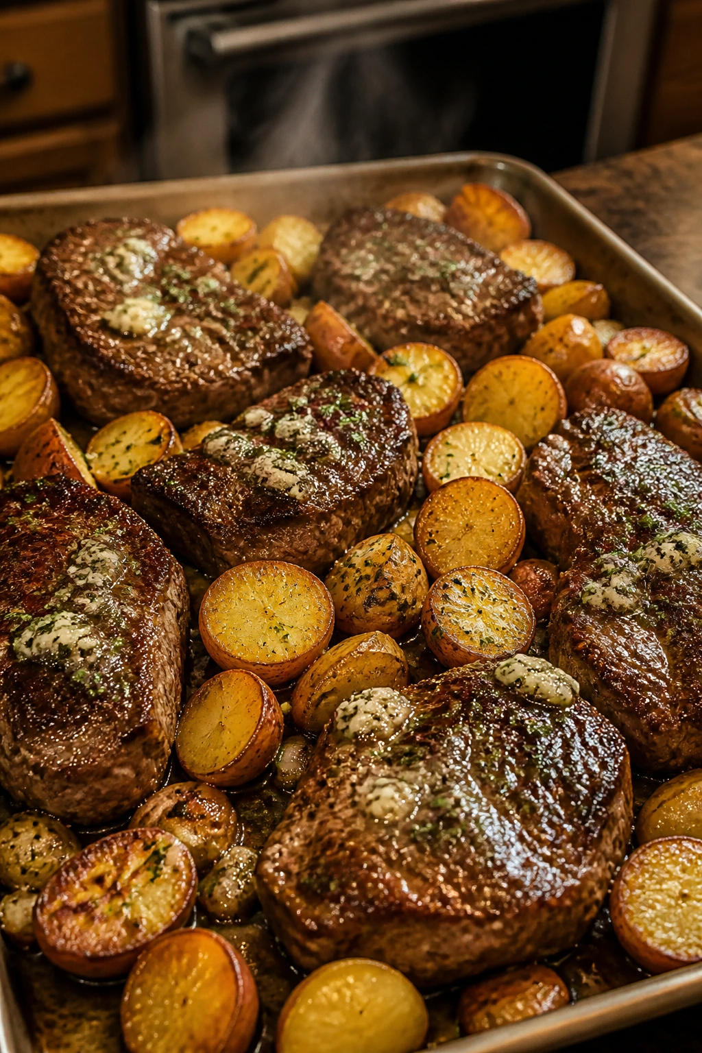 Sheet-pan garlic butter steak and potatoes close-up