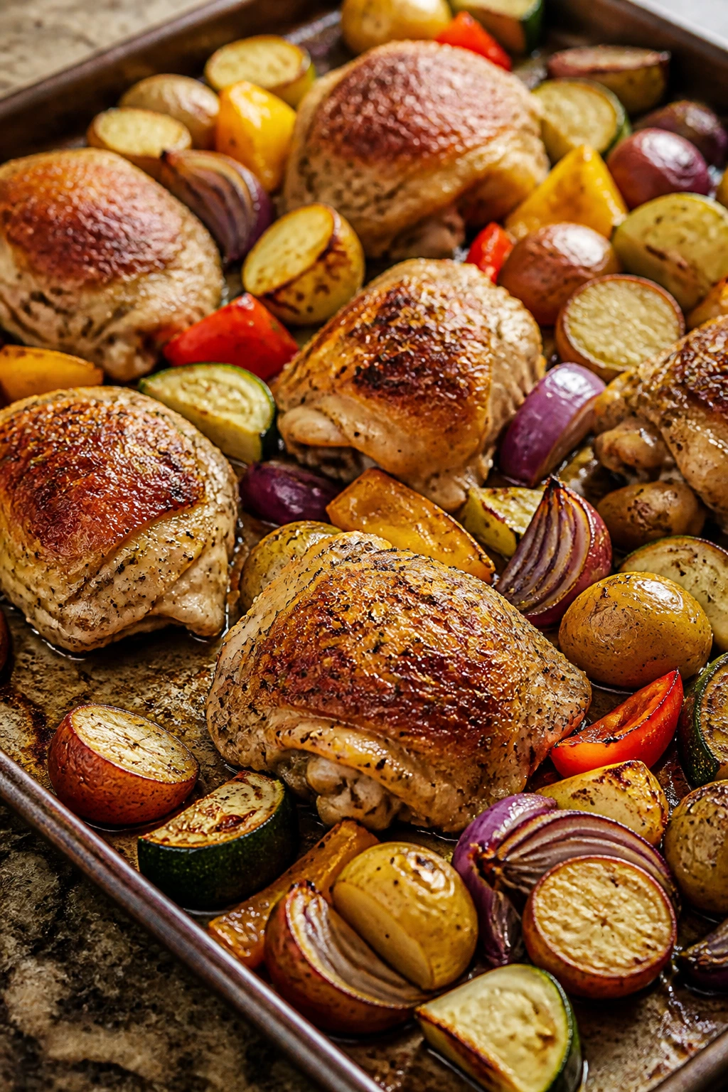 Sheet pan with crispy chicken thighs and vegetables on a kitchen counter