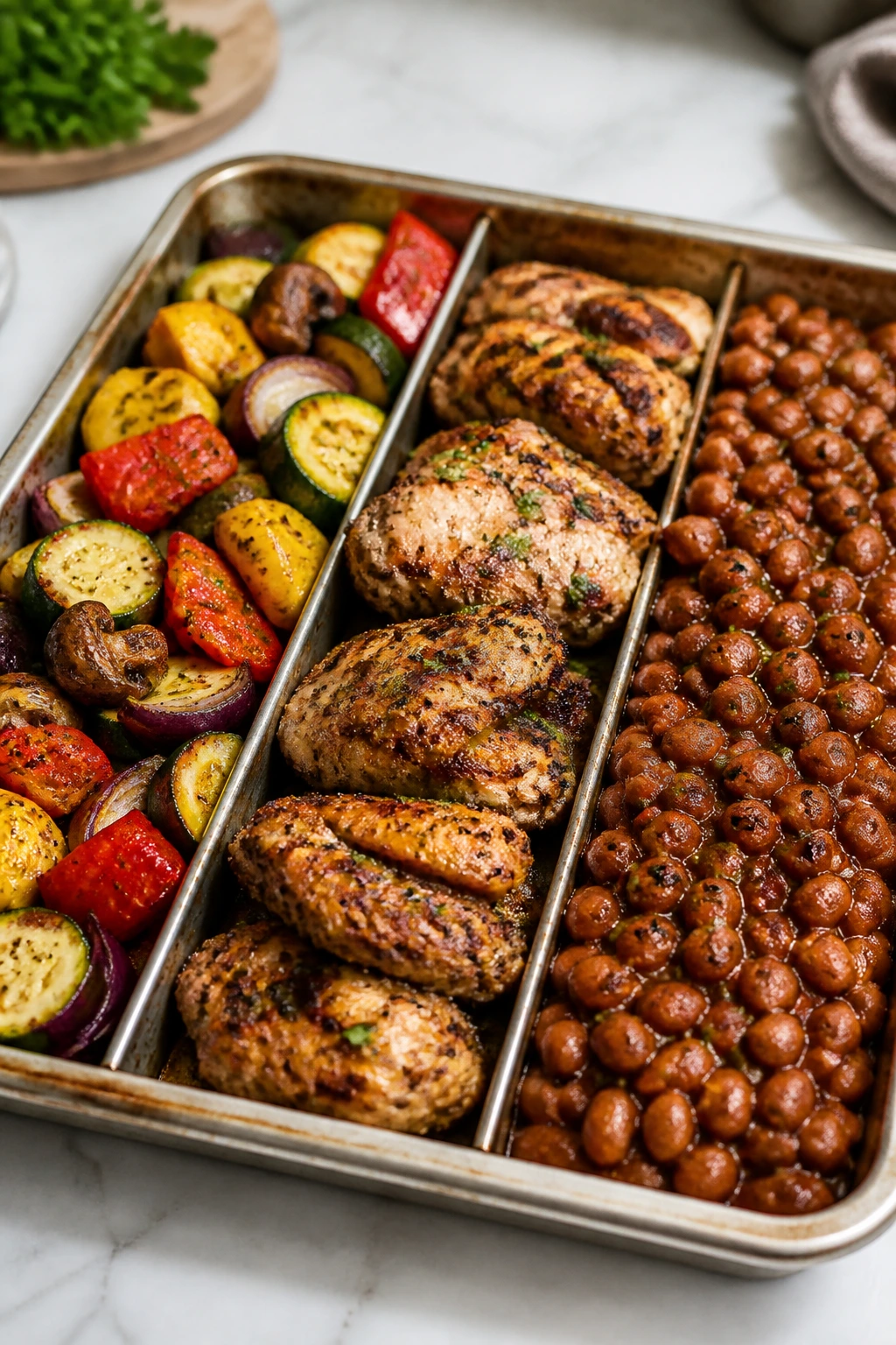 Divided sheet pan showing variations for crowd meals