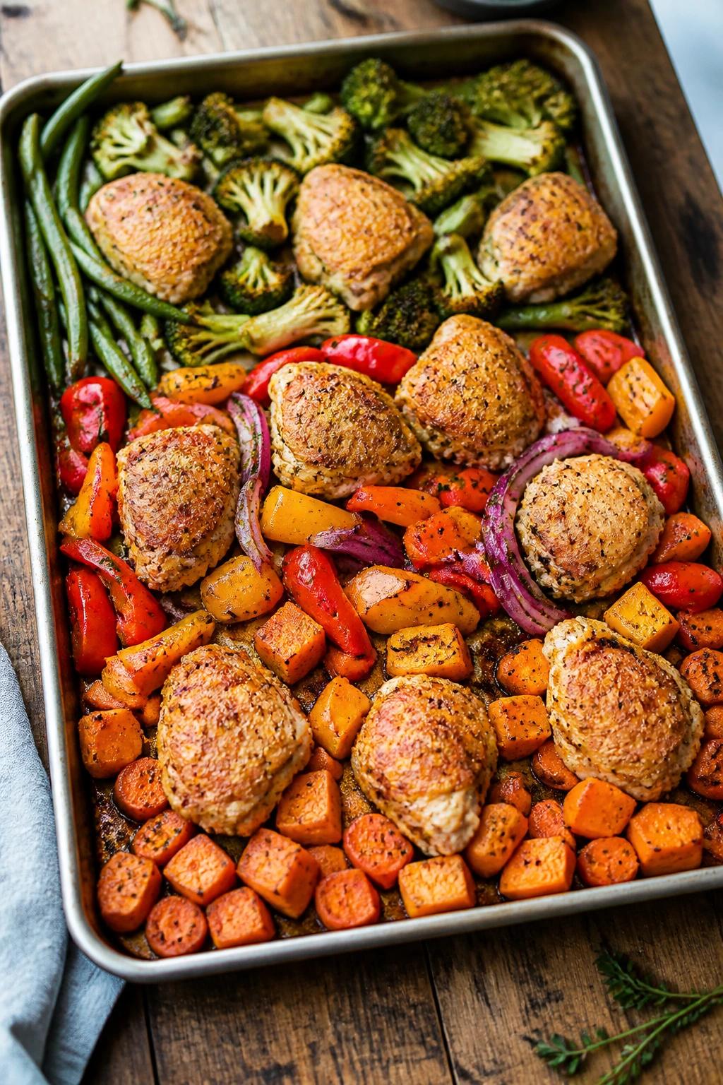 Sheet pan with divided zones of roasted chicken and vegetables suggesting variations.
