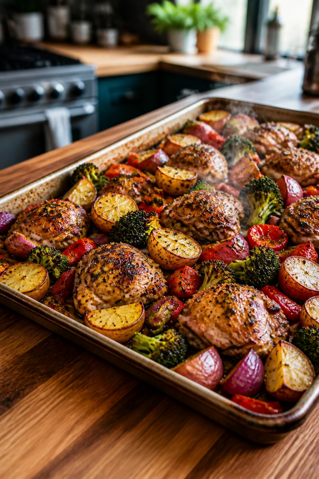 Sheet pan straight from oven with roasted vegetables