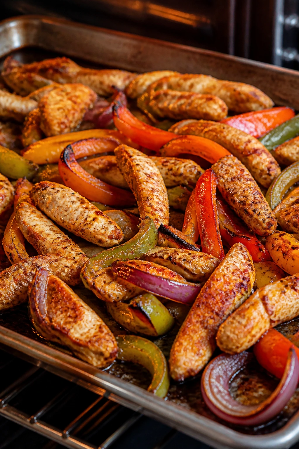 Close-up of chicken fajitas with peppers on sheet pan