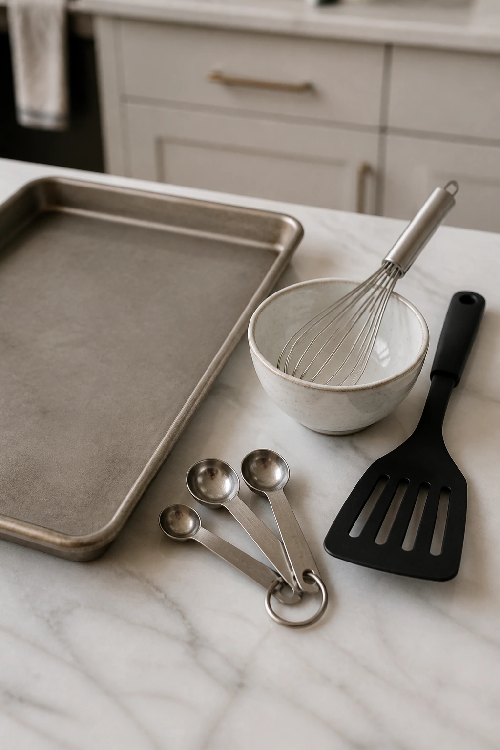 Sheet pan, whisk, spatula, measuring spoons on a counter