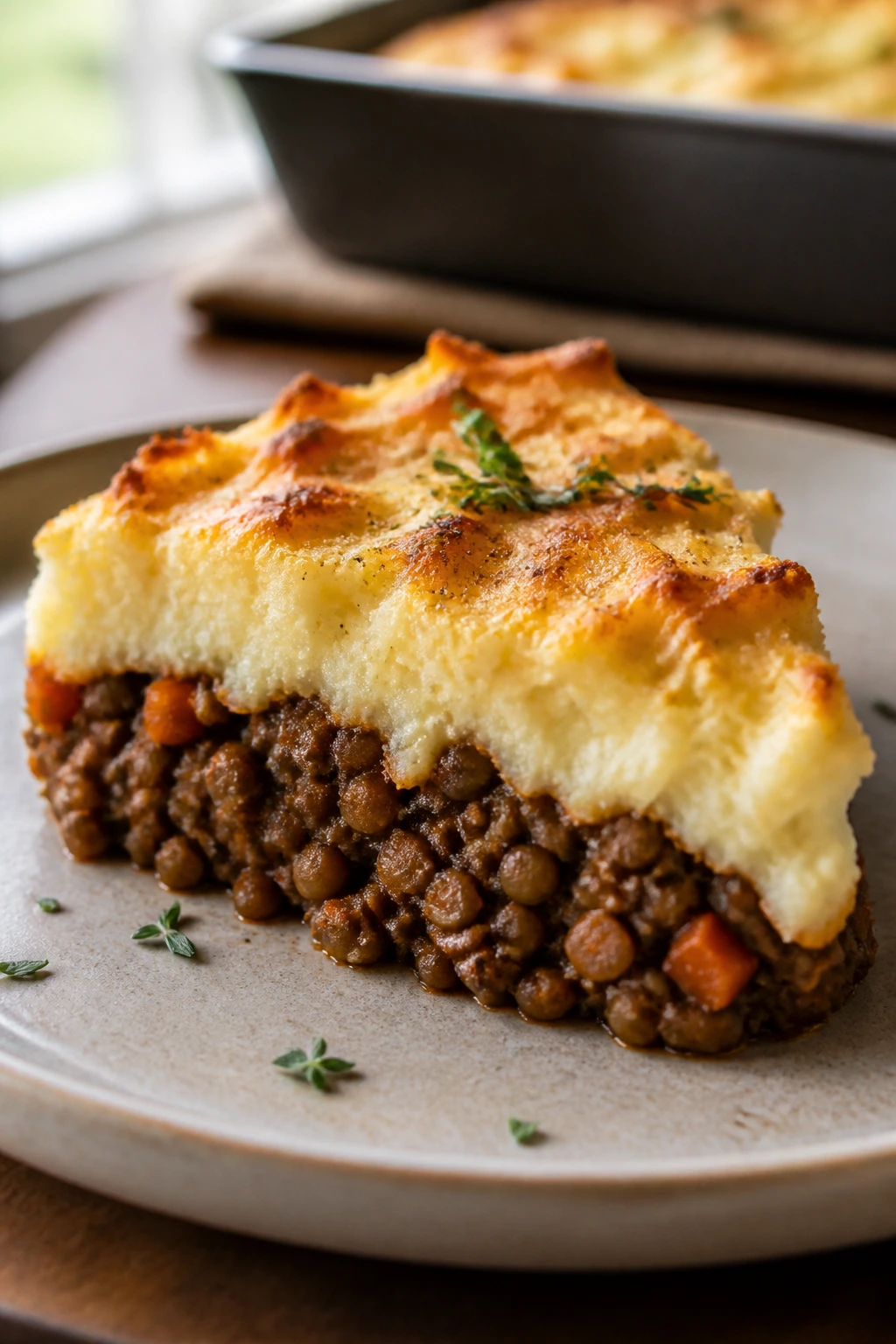 Wedge of shepherd's pie showing lentil-beef filling under mashed potatoes