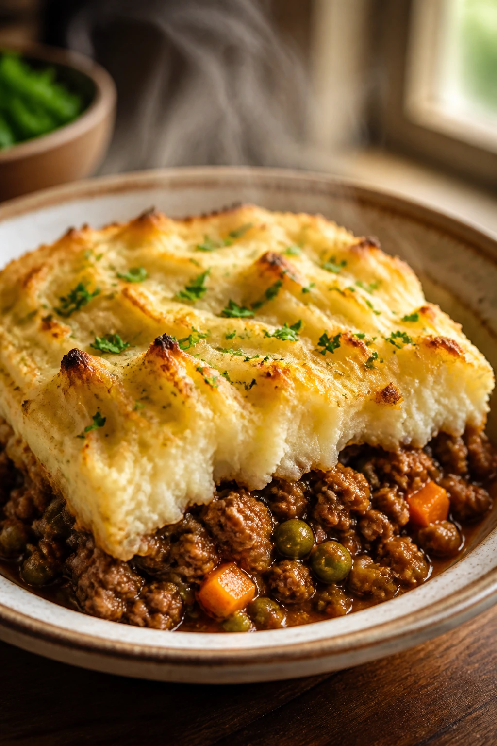 Close-up of shepherd’s pie slice showing golden mashed potato topping and beef filling