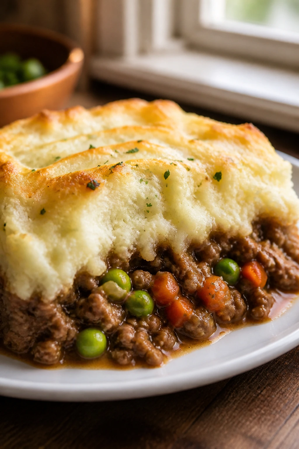 Plated Easy Shepherd’s Pie portion with mashed potatoes and beef filling