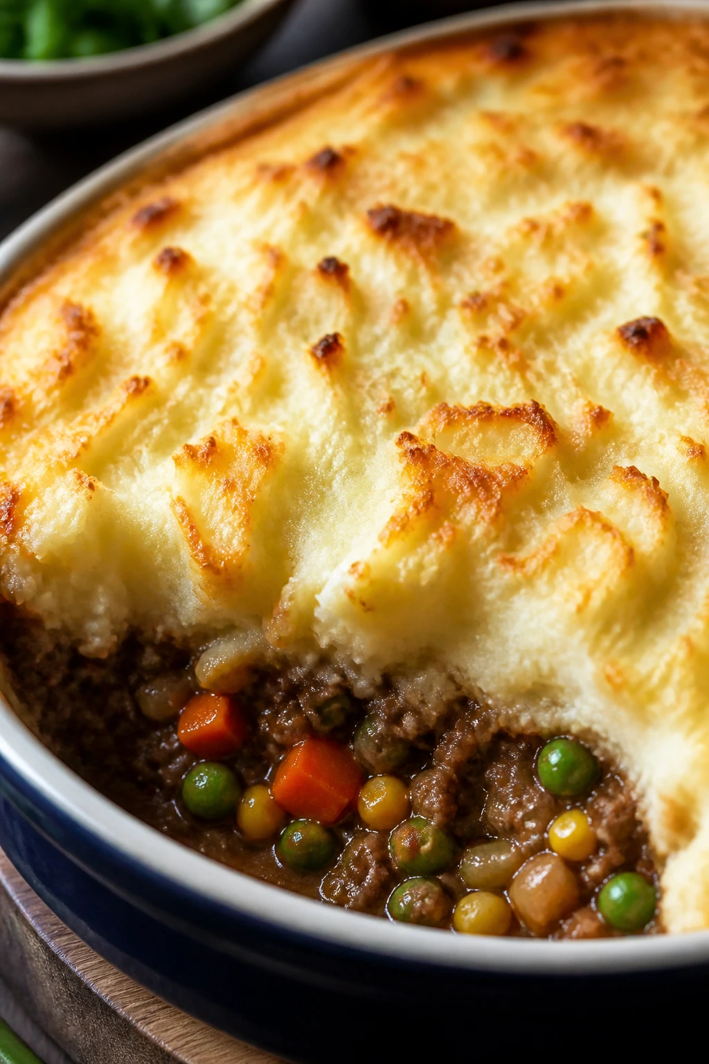 Pan of shepherd’s pie casserole with browned mashed potato top
