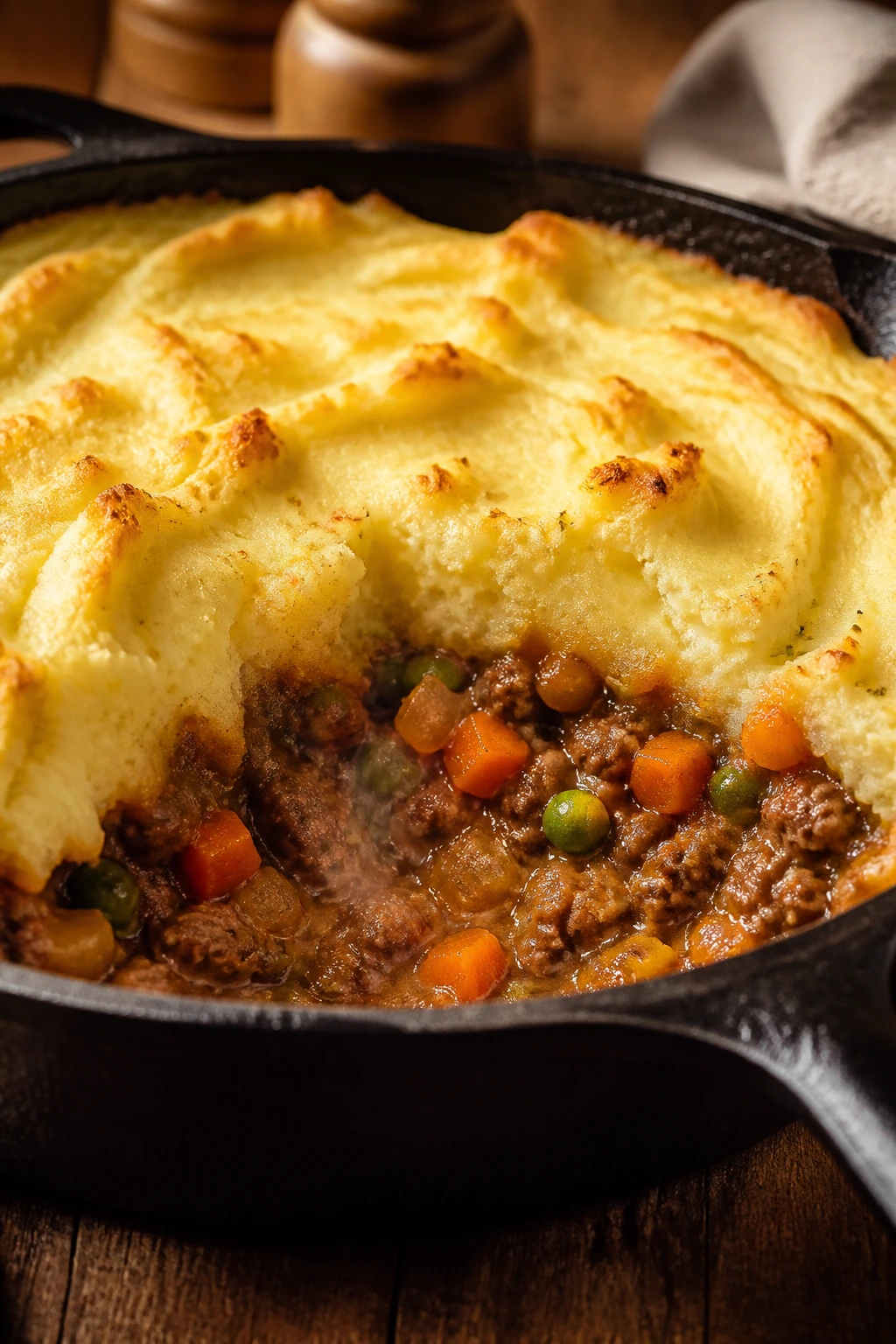 Crustless shepherd’s pie casserole in a pan steaming in a cozy kitchen