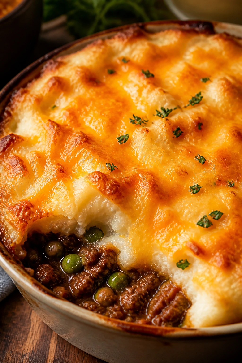 Close-up of Cheddar-Topped Shepherd’s Pie with golden mashed potato crust