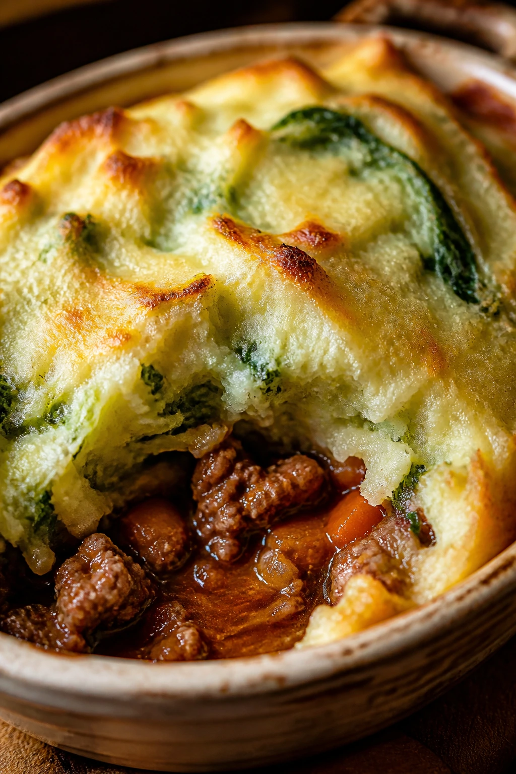 Close-up of shepherd's pie with a browned mashed potato top and moist filling