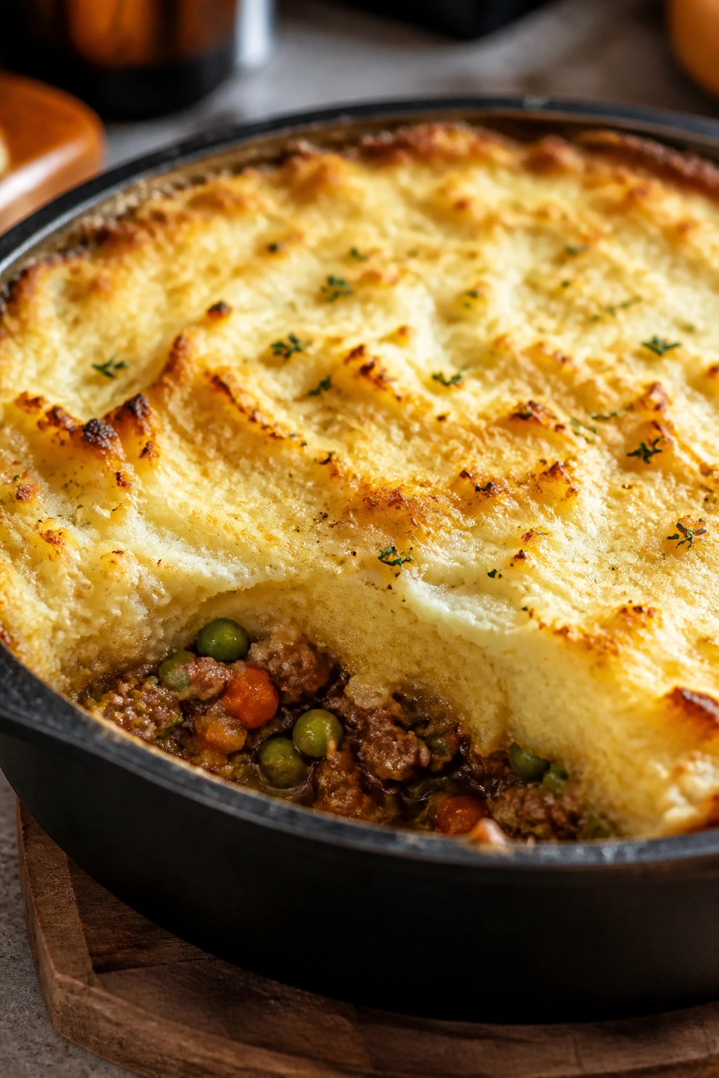 Shepherd’s pie with creamy mashed potato topping in a pan