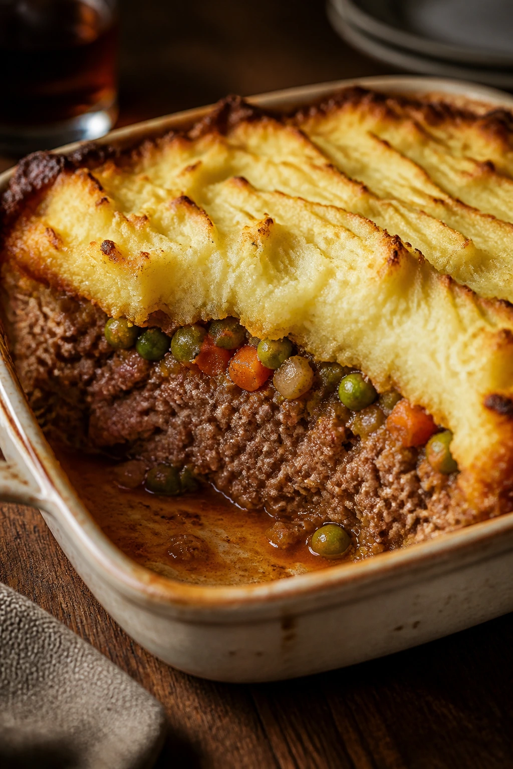 Meatloaf with potato topping cross-section and vegetables