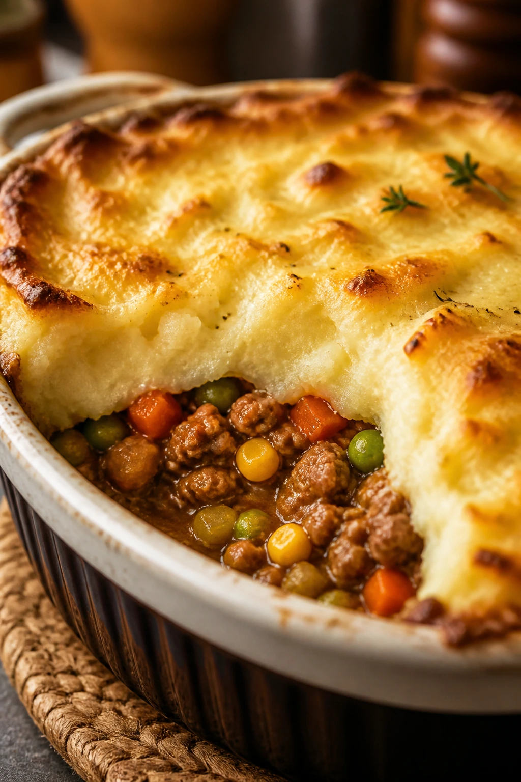 Shepherd’s pie with a golden potato lid in a baking dish