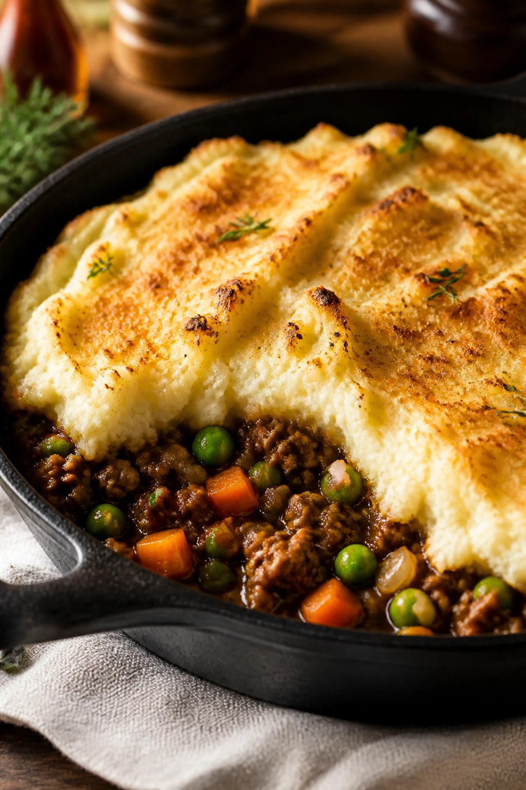 Close-up of shepherd’s pie skillet with beef and mashed potato topping