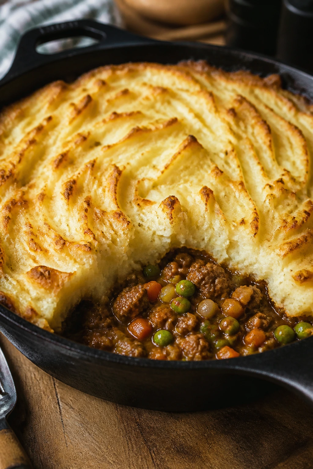 Skillet shepherd’s pie with mashed potato topping and peas.