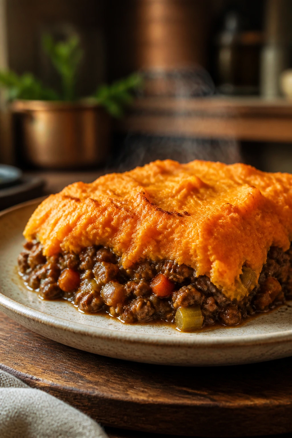 Close-up of shepherd's pie with sweet potato mash on a rustic plate