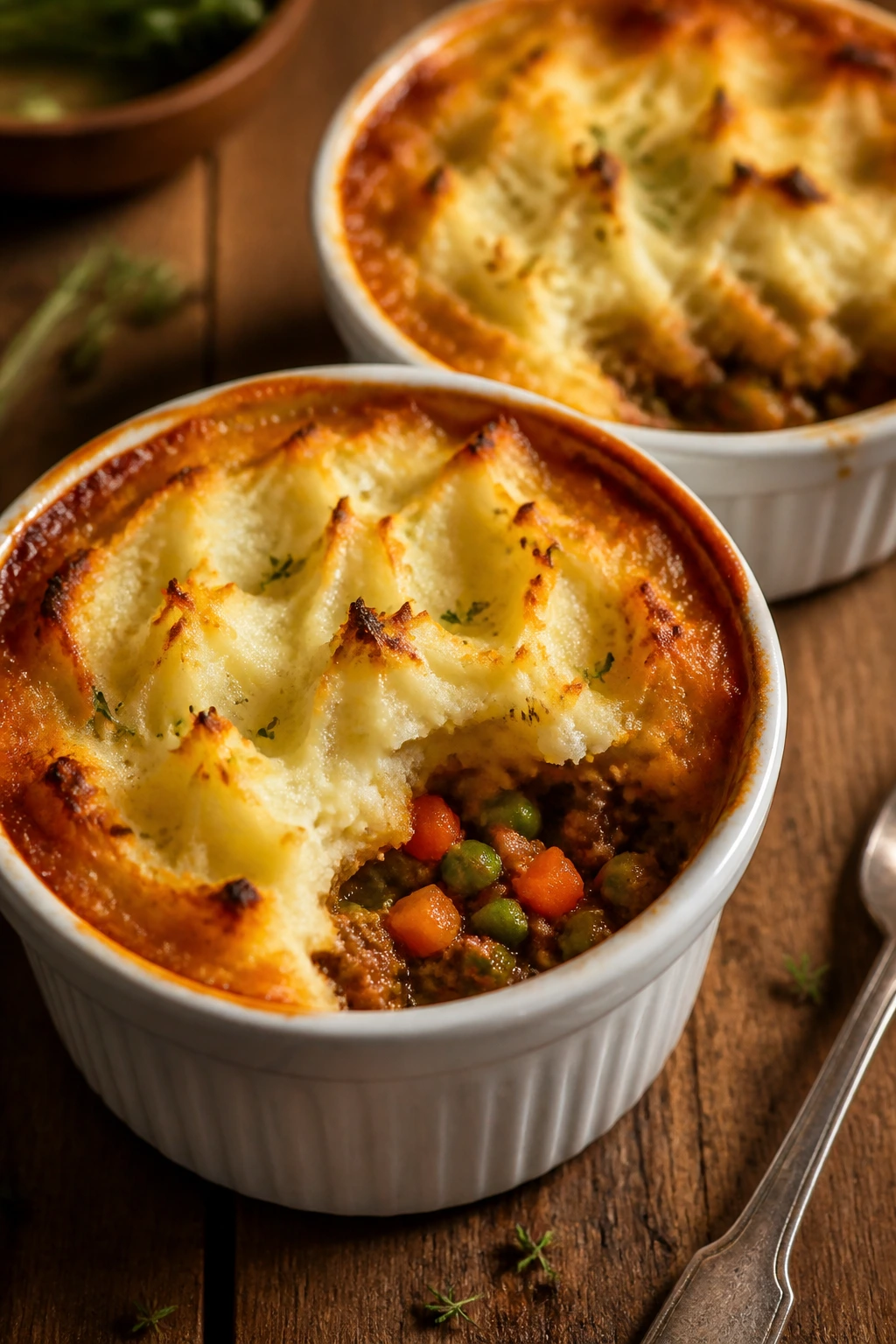 Two ramekins of shepherd's pie with browned potato topping on wooden surface.