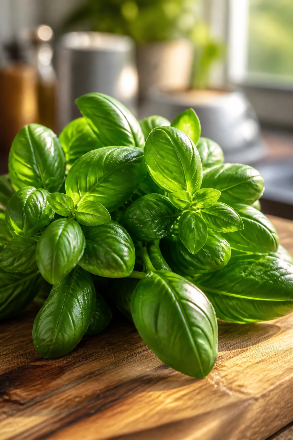 Close-up of fresh basil on a cutting board in a sunlit kitchen
