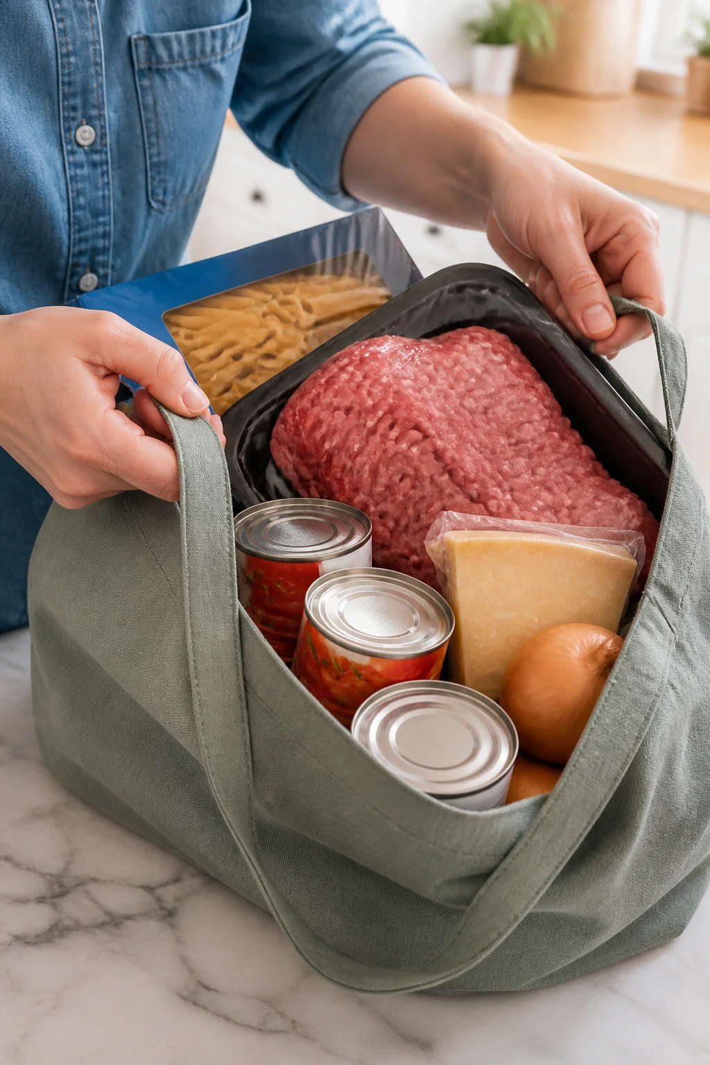 Hands placing groceries into a bag with beef, pasta, and tomatoes